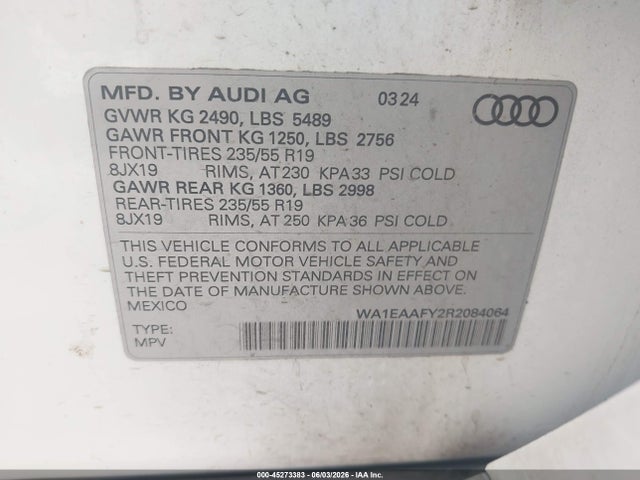 Aukcja sprzedaży 2024 Audi Q5 Premium Plus 45 Tfsi S Line Quattro, vin: WA1EAAFY2R2084064, numer aukcji: 45273383