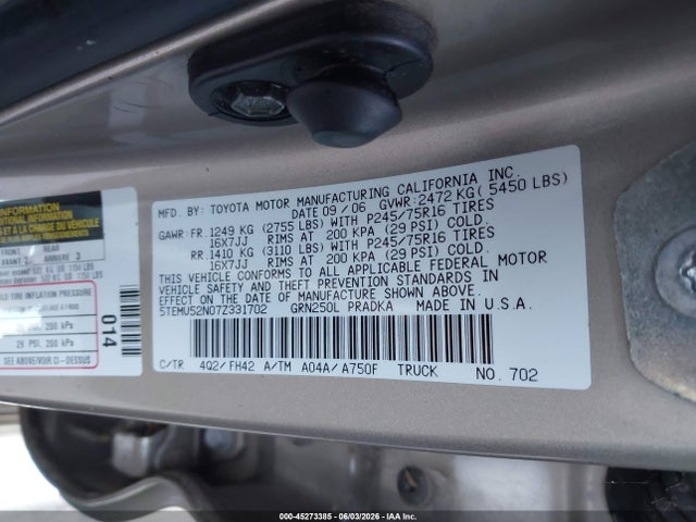 45273385 :رقم المزاد ، 5TEMU52N07Z331702 vin ، 2007 Toyota Tacoma Base V6 مزاد بيع