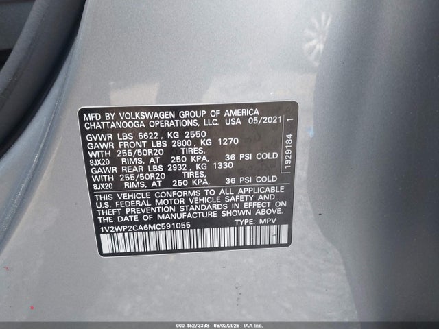 2021 Volkswagen Atlas 2.0t Se W/technology მანქანა იყიდება აუქციონზე, vin: 1V2WP2CA6MC591055, აუქციონის ნომერი: 45273398