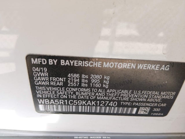 45273402 :رقم المزاد ، WBA5R1C59KAK12740 vin ، 2019 Bmw 330i مزاد بيع