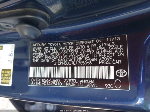 45273406 :رقم المزاد ، JTDKN3DU7E1765068 vin ، 2014 Toyota Prius Four مزاد بيع