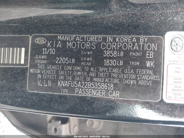 2011 Kia Forte Ex მანქანა იყიდება აუქციონზე, vin: KNAFU5A22B5358618, აუქციონის ნომერი: 45273410