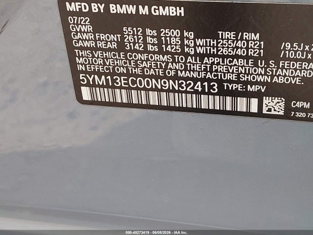 Продажа на аукционе авто 2022 Bmw X3 M, vin: 5YM13EC00N9N32413, номер лота: 45273419
