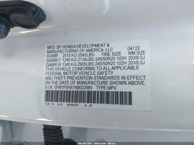 5FNYF5H67NB023985 Honda Pilot 2wd Touring 7 Passenger