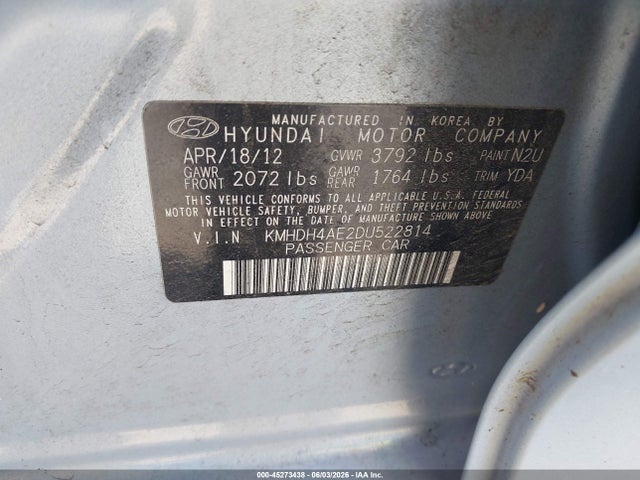 2013 Hyundai Elantra Limited მანქანა იყიდება აუქციონზე, vin: KMHDH4AE2DU522814, აუქციონის ნომერი: 45273438