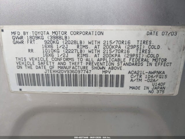 Aukcja sprzedaży 2003 Toyota Rav4, vin: JTEHH20V936097747, numer aukcji: 45273446