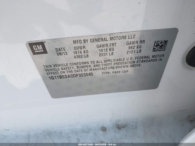 45273449 :رقم المزاد ، 1G11B5SA0DF353545 vin ، 2013 Chevrolet Malibu 1ls مزاد بيع