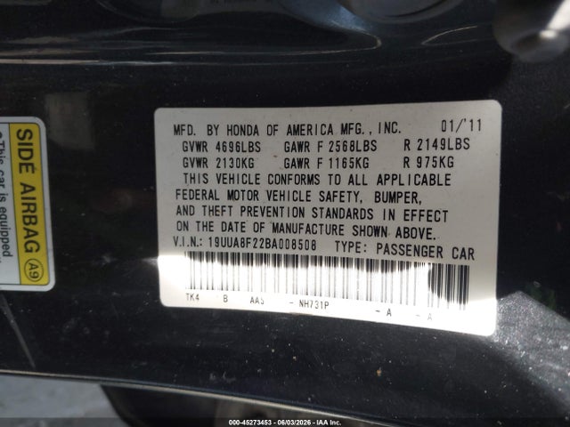 45273453 :رقم المزاد ، 19UUA8F22BA008508 vin ، 2011 Acura Tl 3.5 مزاد بيع