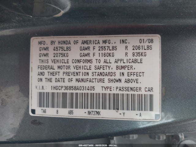 Aukcja sprzedaży 2008 Honda Accord 3.5 Ex-l, vin: 1HGCP36858A031405, numer aukcji: 45273455