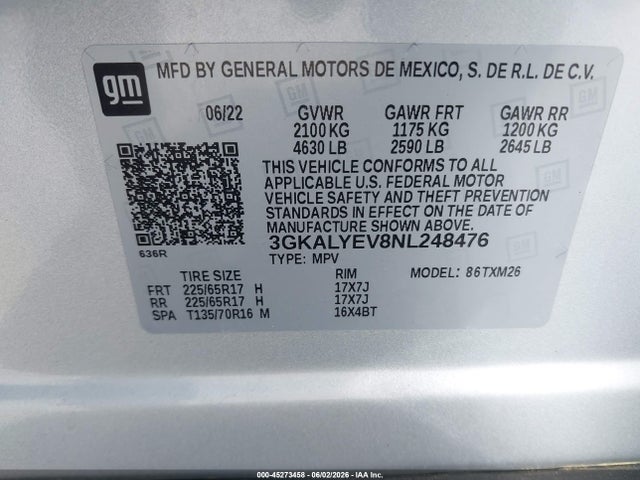 45273458 :رقم المزاد ، 3GKALYEV8NL248476 vin ، 2022 Gmc Terrain Awd At4 مزاد بيع