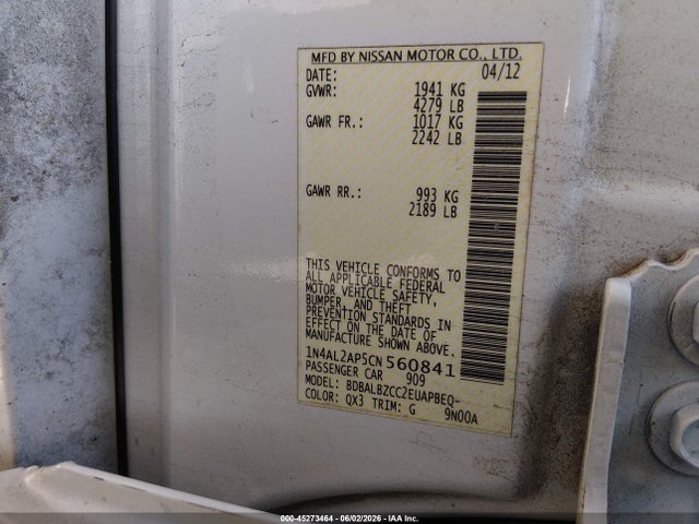 Продаж на аукціоні авто 2012 Nissan Altima 2.5 S, vin: 1N4AL2AP5CN560841, номер лоту: 45273464