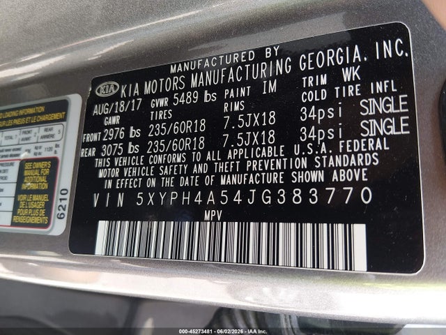 Aukcja sprzedaży 2018 Kia Sorento 3.3l Ex, vin: 5XYPH4A54JG383770, numer aukcji: 45273481
