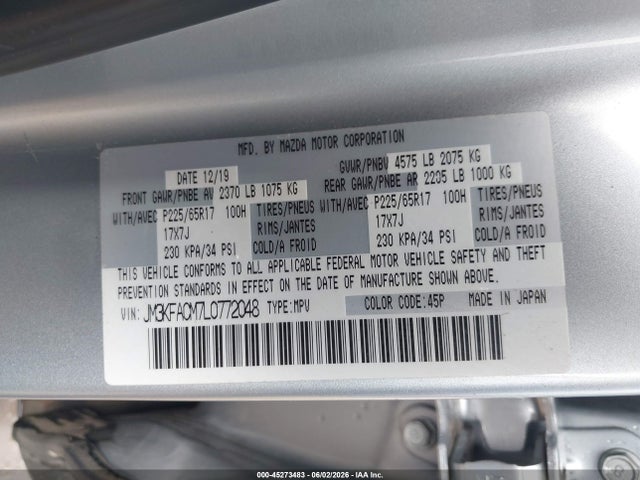 2020 Mazda Cx-5 Touring მანქანა იყიდება აუქციონზე, vin: JM3KFACM7L0772048, აუქციონის ნომერი: 45273483