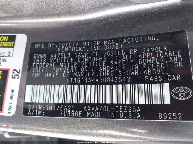 2024 Toyota Camry Se მანქანა იყიდება აუქციონზე, vin: 4T1G11AK4RU847543, აუქციონის ნომერი: 45273490