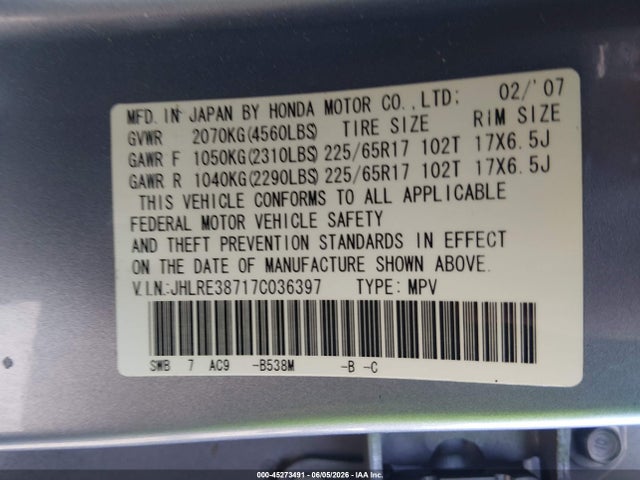Aukcja sprzedaży 2007 Honda Cr-v Ex-l, vin: JHLRE38717C036397, numer aukcji: 45273491