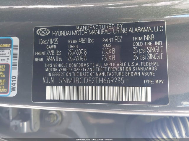 Aukcja sprzedaży 2026 Hyundai Tucson Sel, vin: 5NMJBCDE2TH669235, numer aukcji: 45273512