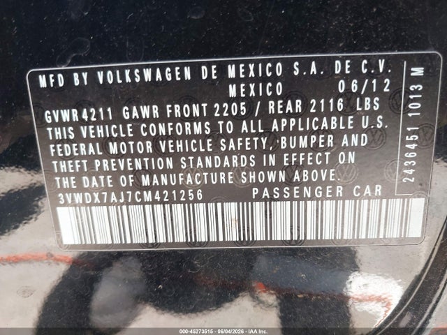 Aukcja sprzedaży 2012 Volkswagen Jetta 2.5l Se, vin: 3VWDX7AJ7CM421256, numer aukcji: 45273515