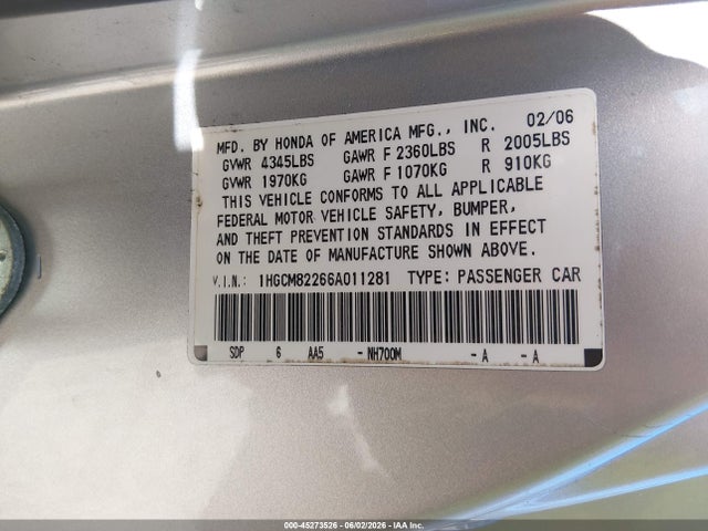 45273526 :رقم المزاد ، 1HGCM82266A011281 vin ، 2006 Honda Accord 3.0 Lx مزاد بيع