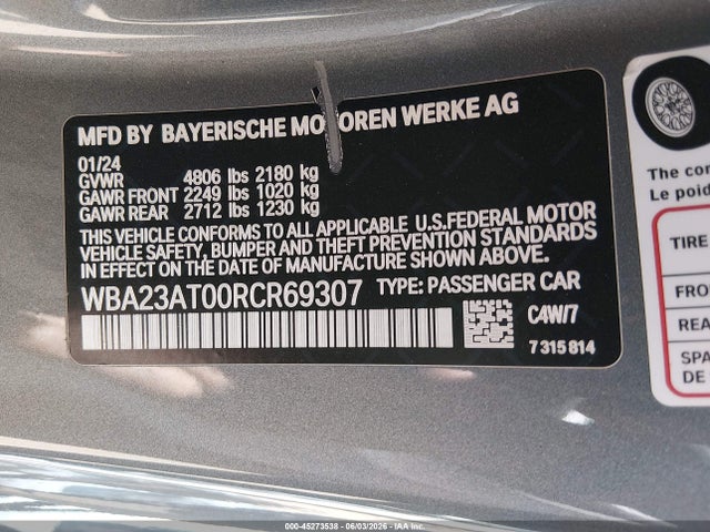 2024 Bmw 430i მანქანა იყიდება აუქციონზე, vin: WBA23AT00RCR69307, აუქციონის ნომერი: 45273538