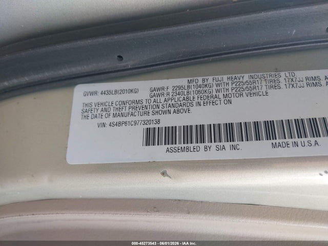 Продажа на аукционе авто 2007 Subaru Outback 2.5i, vin: 4S4BP61C977320138, номер лота: 45273543