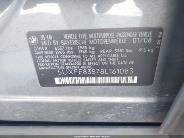 45273546 :رقم المزاد ، 5UXFE83578L161083 vin ، 2008 Bmw X5 4.8i مزاد بيع