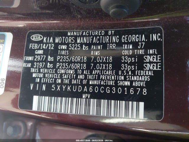 Aukcja sprzedaży 2012 Kia Sorento Ex, vin: 5XYKUDA60CG301678, numer aukcji: 45273549