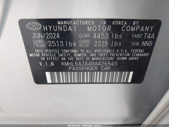 2024 Hyundai Sonata Sel მანქანა იყიდება აუქციონზე, vin: KMHL64JA4RA426545, აუქციონის ნომერი: 45273554