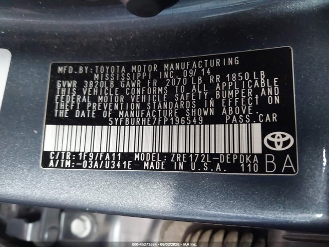 Toyota COROLLA L 2015 5YFBURHE7FP196549 Image 9