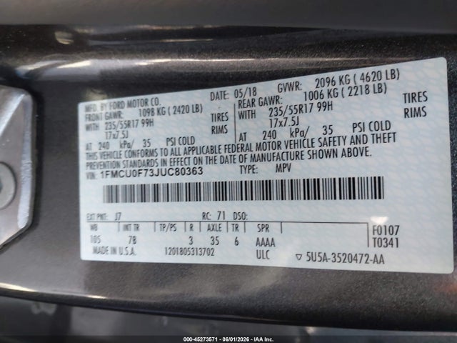 Ford ESCAPE S 2018 1FMCU0F73JUC80363 Image 9