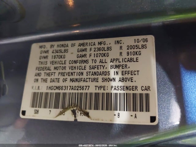 45273574 :رقم المزاد ، 1HGCM66317A025677 vin ، 2007 Honda Accord 3.0 Lx مزاد بيع