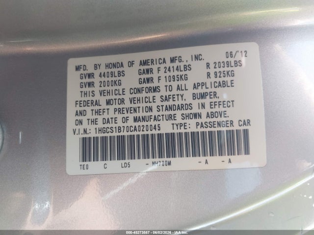 Продаж на аукціоні авто 2012 Honda Accord 2.4 Ex, vin: 1HGCS1B70CA020045, номер лоту: 45273587