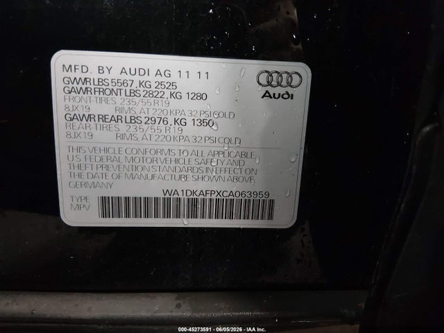 Продаж на аукціоні авто 2012 Audi Q5 3.2 Premium Plus, vin: WA1DKAFPXCA063959, номер лоту: 45273591