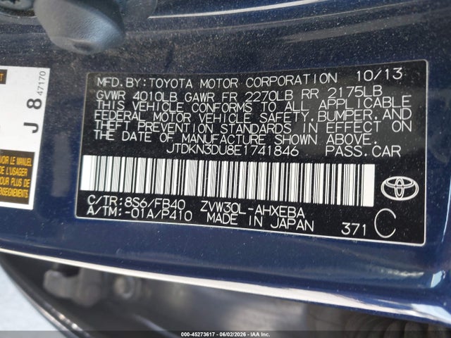 Продаж на аукціоні авто 2014 Toyota Prius Two, vin: JTDKN3DU8E1741846, номер лоту: 45273617