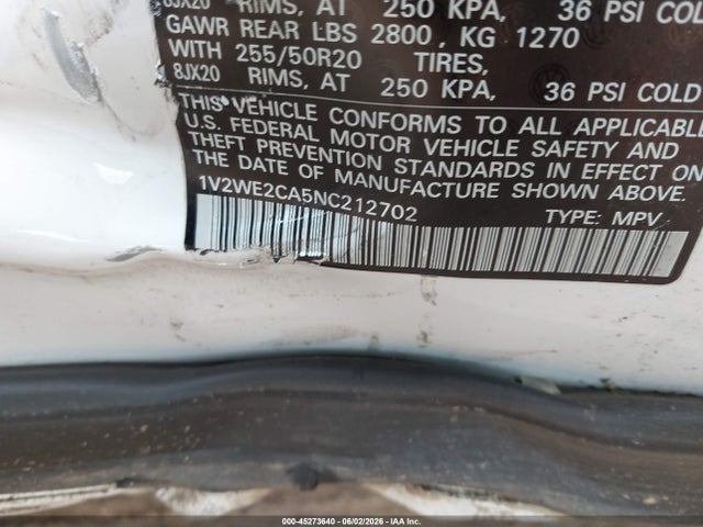 45273640 :رقم المزاد ، 1V2WE2CA5NC212702 vin ، 2022 Volkswagen Atlas Cross Sport 3.6l V6 Se W/technology مزاد بيع