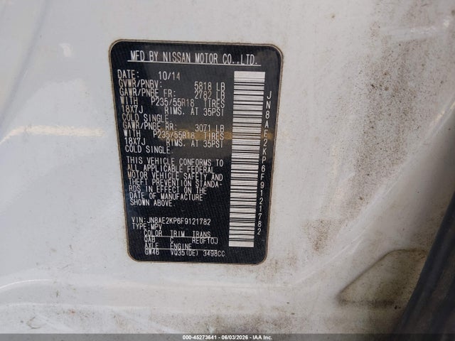 2015 Nissan Quest Sl მანქანა იყიდება აუქციონზე, vin: JN8AE2KP6F9121782, აუქციონის ნომერი: 45273641