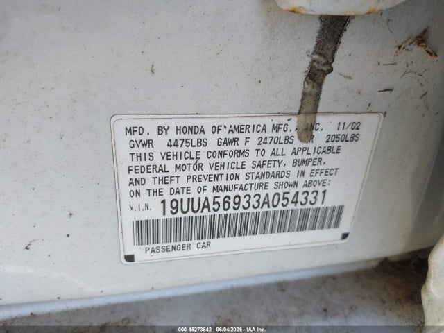 45273642 :رقم المزاد ، 19UUA56933A054331 vin ، 2003 Acura Tl 3.2 Type S مزاد بيع