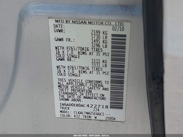 45273645 :رقم المزاد ، 1N6AD0ER0AC422718 vin ، 2010 Nissan Frontier Se مزاد بيع