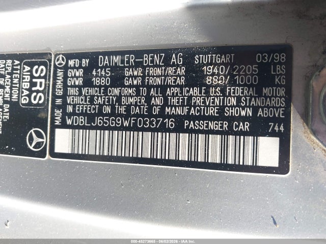 Aukcja sprzedaży 1998 Mercedes-benz Clk 320, vin: WDBLJ65G9WF033716, numer aukcji: 45273665