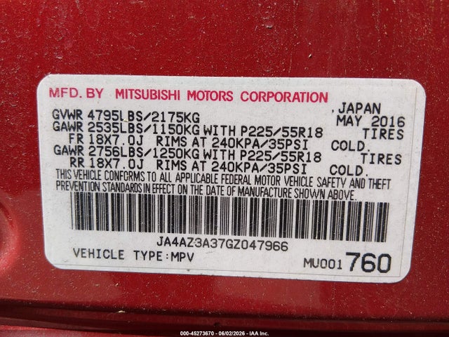 2016 Mitsubishi Outlander Sel მანქანა იყიდება აუქციონზე, vin: JA4AZ3A37GZ047966, აუქციონის ნომერი: 45273670