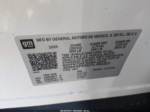 45273675 :رقم المزاد ، 3GNAXPEG2TL362327 vin ، 2026 Chevrolet Equinox Awd Lt مزاد بيع