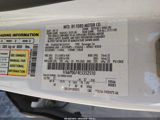 Aukcja sprzedaży 2014 Ford Fusion S, vin: 1FA6P0G74E5352510, numer aukcji: 45273678