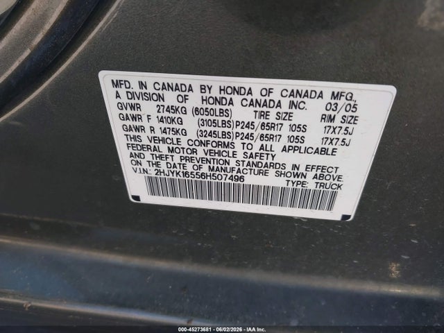 45273681 :رقم المزاد ، 2HJYK16556H507496 vin ، 2006 Honda Ridgeline Rtl مزاد بيع