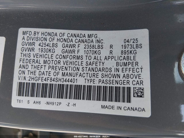 Auction sale of the 2025 Honda Civic Hybrid Sport/sport Touring, vin: 2HGFE4F84SH344401, lot number: 45273685