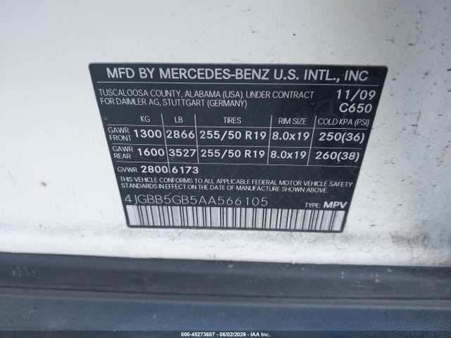 Продажа на аукционе авто 2010 Mercedes-benz Ml 350, vin: 4JGBB5GB5AA566105, номер лота: 45273687