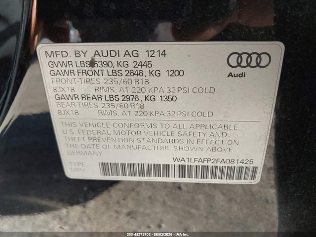 Продаж на аукціоні авто 2015 Audi Q5 2.0t Premium, vin: WA1LFAFP2FA081425, номер лоту: 45273702
