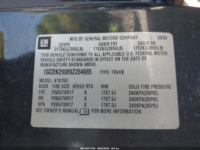45273708 :رقم المزاد ، 1GCEK29089Z284985 vin ، 2009 Chevrolet Silverado 1500 Lt مزاد بيع