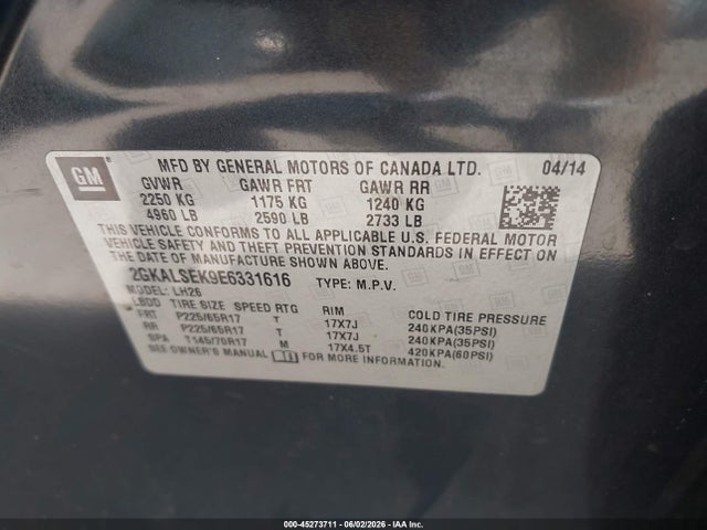 Aukcja sprzedaży 2014 Gmc Terrain Slt-1, vin: 2GKALSEK9E6331616, numer aukcji: 45273711