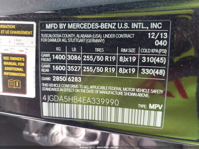 Продаж на аукціоні авто 2014 Mercedes-benz Ml 350 4matic, vin: 4JGDA5HB4EA339990, номер лоту: 45273717