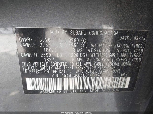 Продажа на аукционе авто 2020 Subaru Outback Onyx Edition Xt, vin: 4S4BTGKD0L3108058, номер лота: 45273719