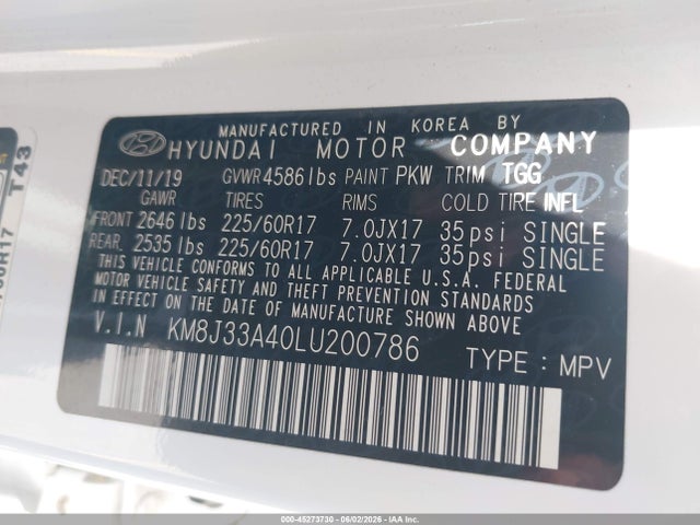 Aukcja sprzedaży 2020 Hyundai Tucson Value, vin: KM8J33A40LU200786, numer aukcji: 45273730